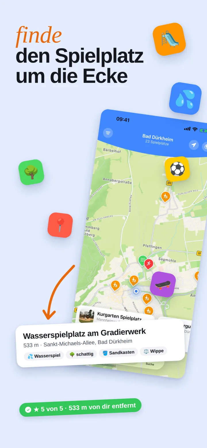 Die Karte mit Spielplätzen in der Umgebung und der Karte eines Wasserspielplatzes