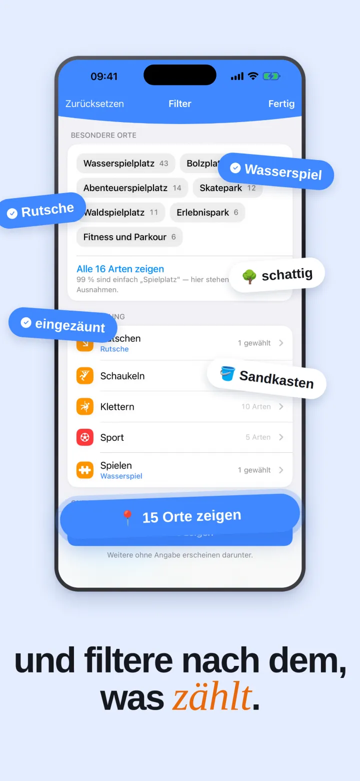 Die Filterauswahl nach Ausstattung, mit Zähler der übrigen Plätze