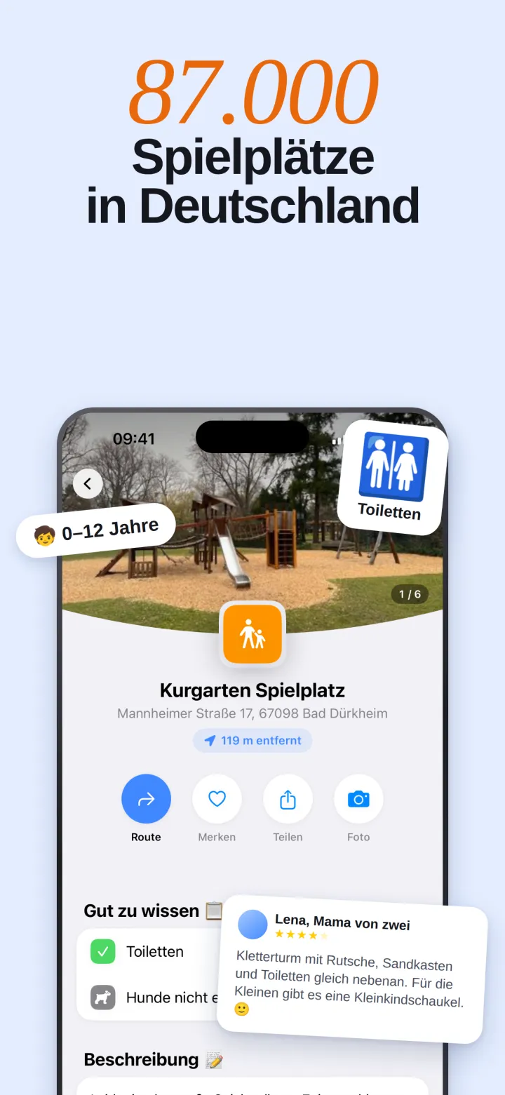 Die Detailseite eines Spielplatzes mit Foto, Ausstattung und einer Bewertung