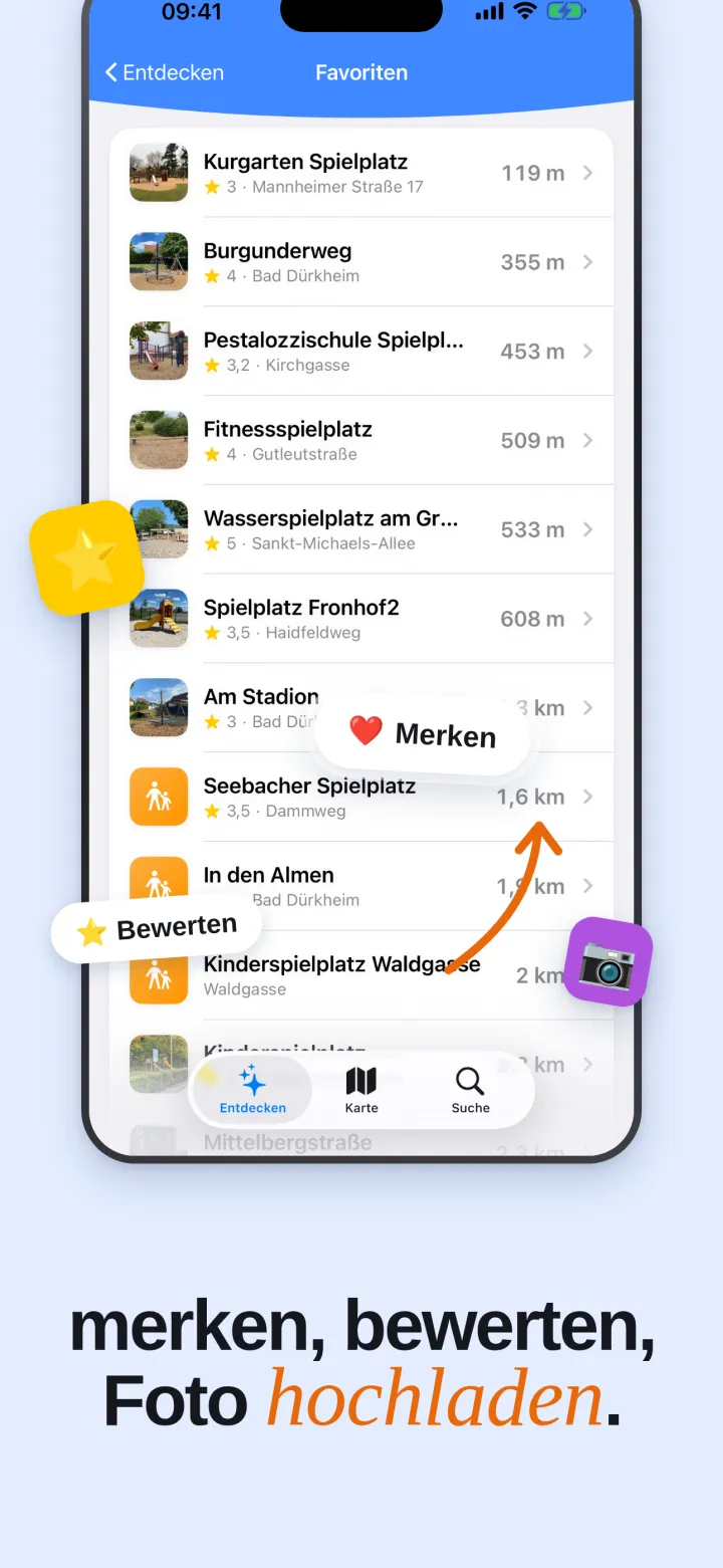 Die Liste der Favoriten mit Entfernungen und Bewertungen