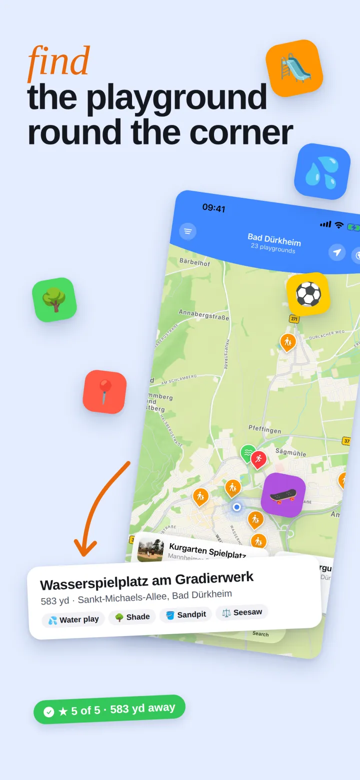 The map with playgrounds nearby and the card for a water playground