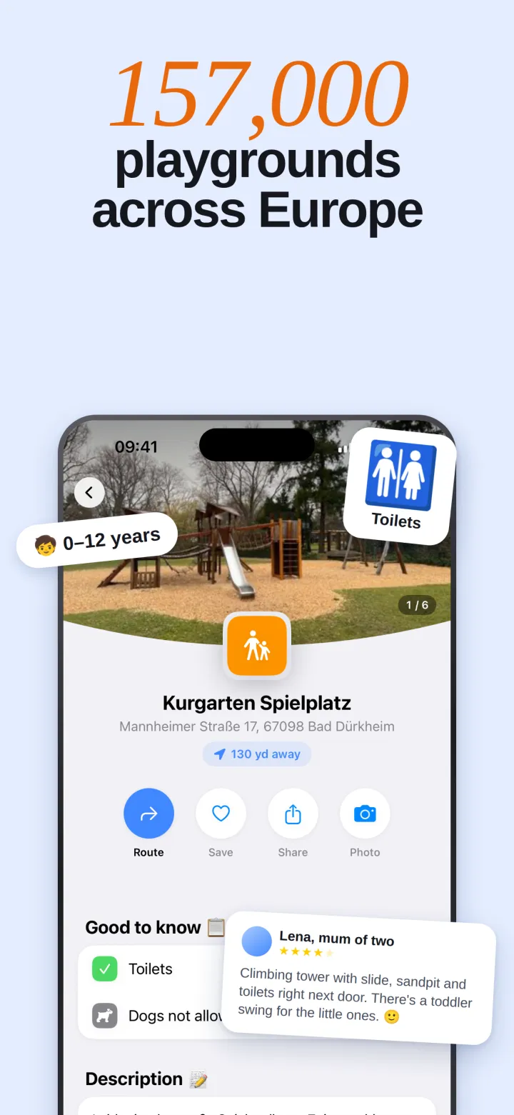A playground’s detail page with photo, equipment and a review