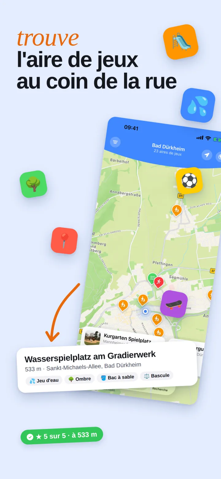 La carte avec les aires de jeux à proximité et la fiche d’une aire de jeux d’eau
