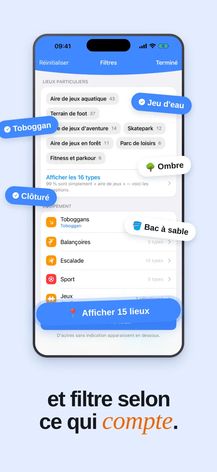 La sélection des filtres par équipement, avec le compteur des lieux restants