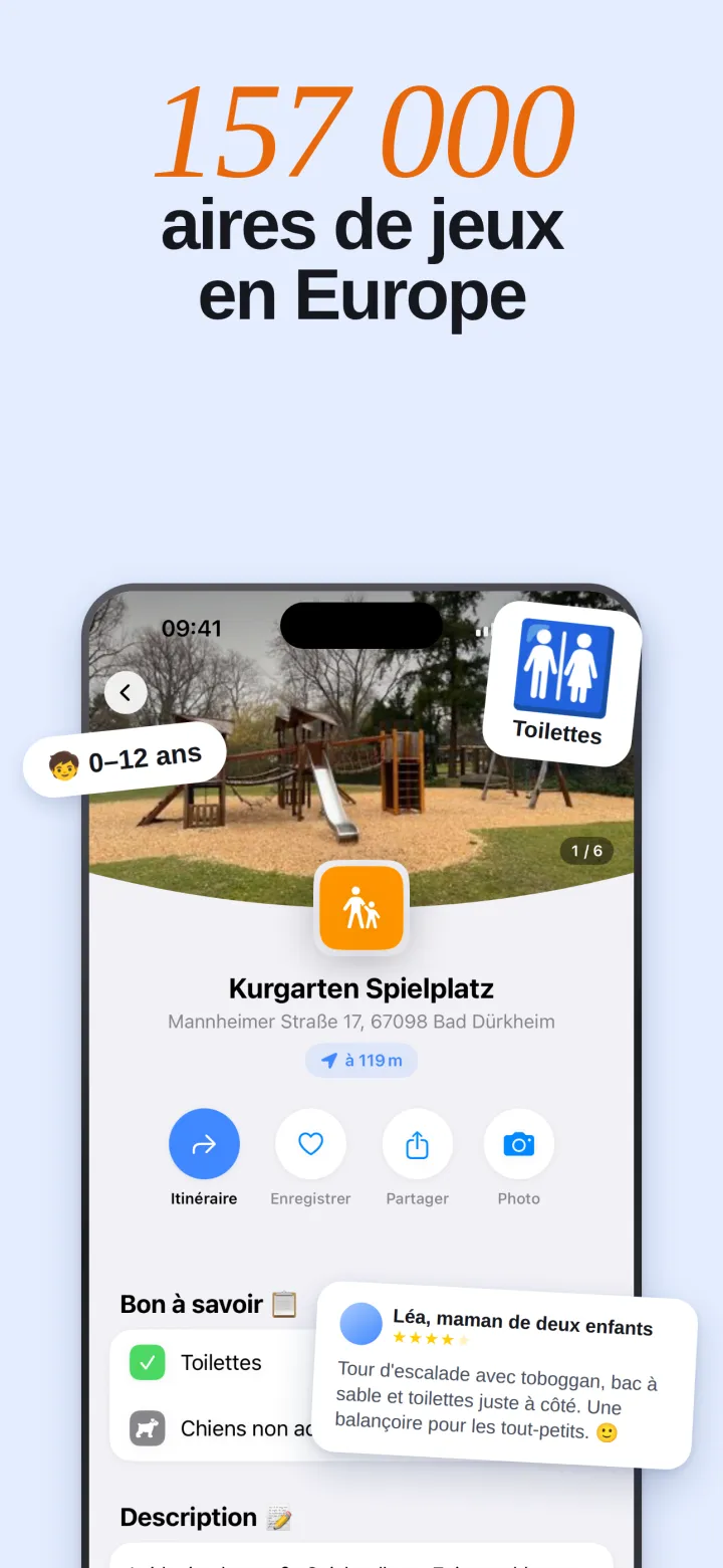La fiche détaillée d’une aire de jeux avec photo, équipements et un avis
