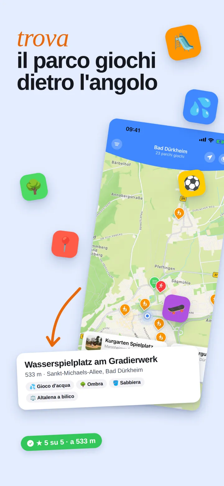 La mappa con i parchi gioco vicini e la scheda di un parco con giochi d’acqua