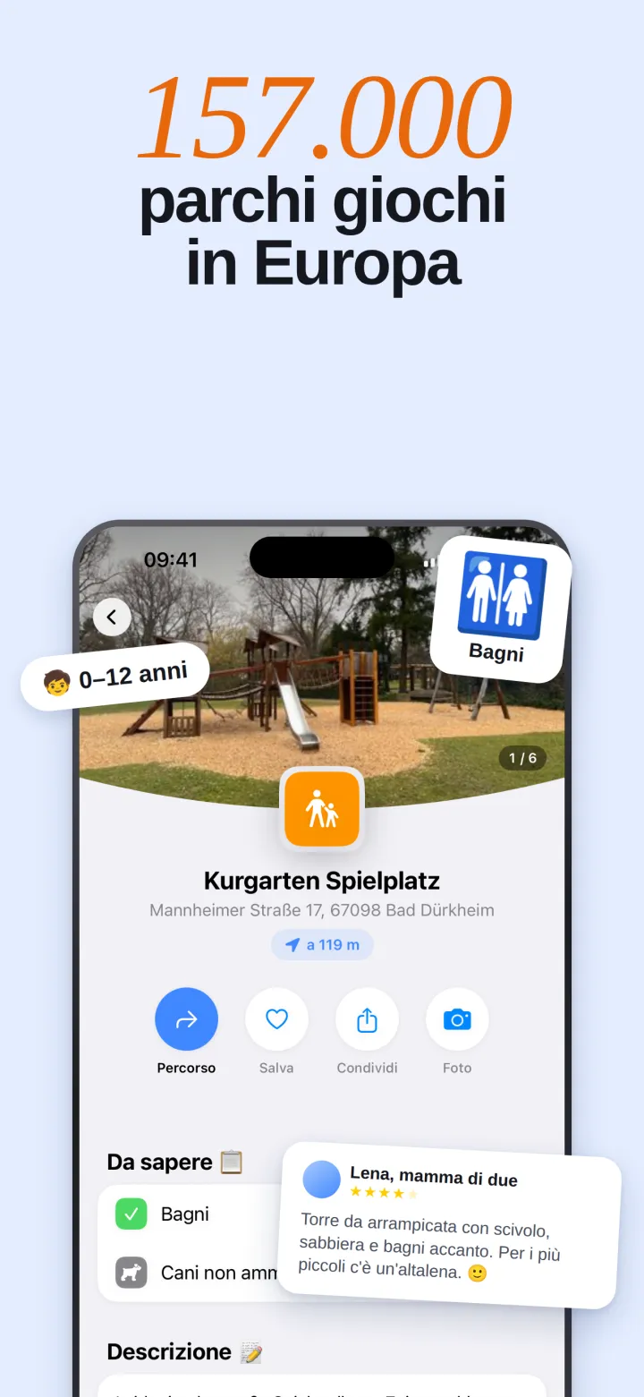 La scheda di un parco gioco con foto, attrezzature e una recensione