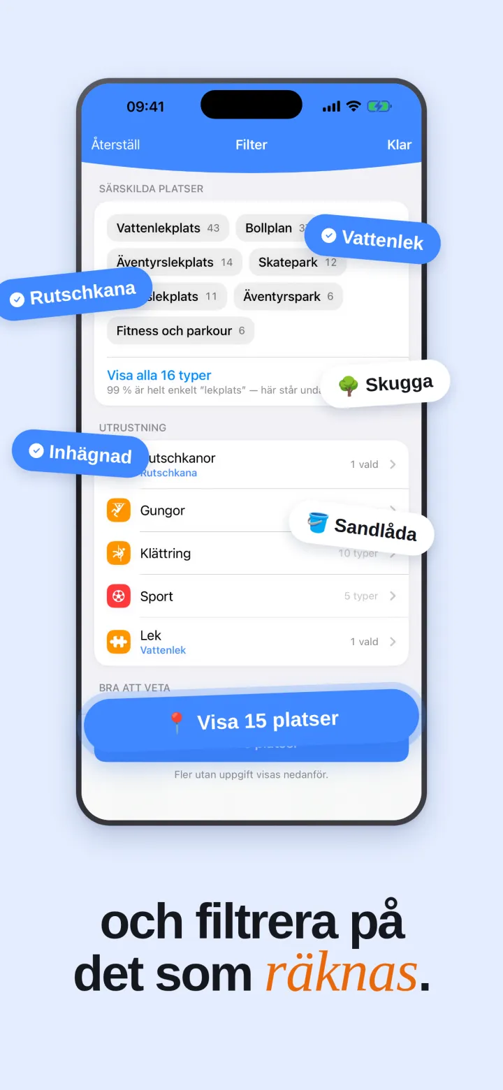 Filtervalet efter utrustning, med räknare för återstående platser
