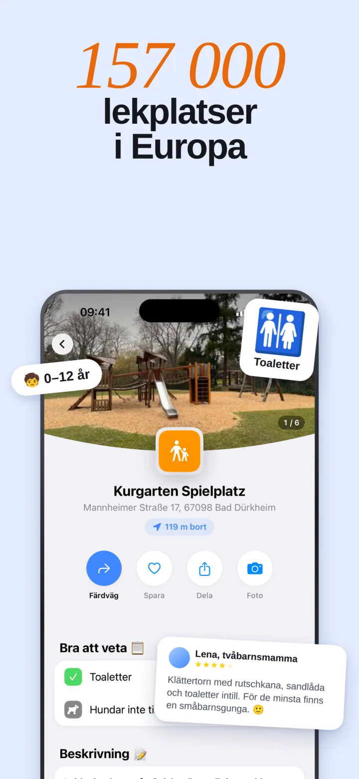 En lekplats detaljsida med foto, utrustning och ett omdöme